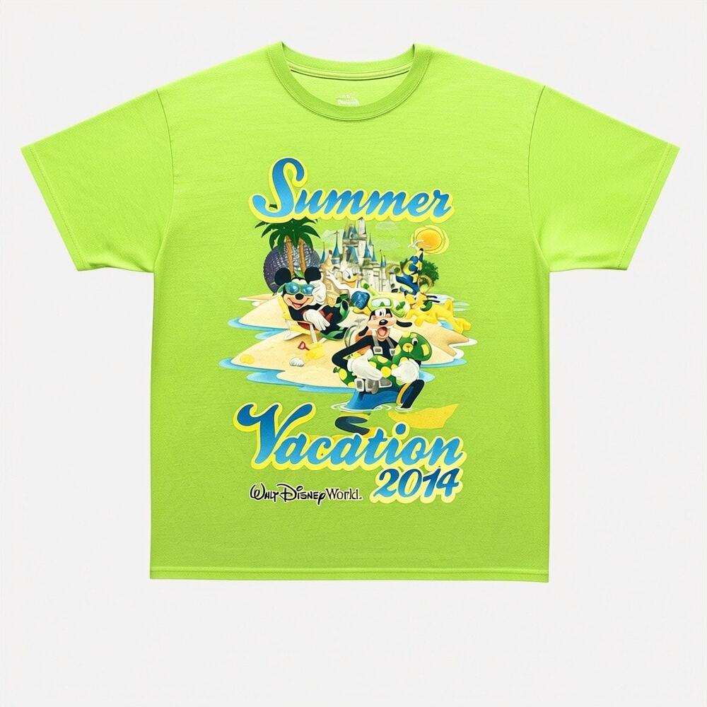 Disney World T Shirt 2014 Summer Vacation Mickey Donald Goofy Pluto Green Size L